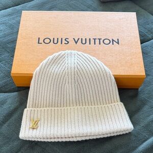 Pink Louis Vuitton Ivory Knit Beanie with Gold Logo